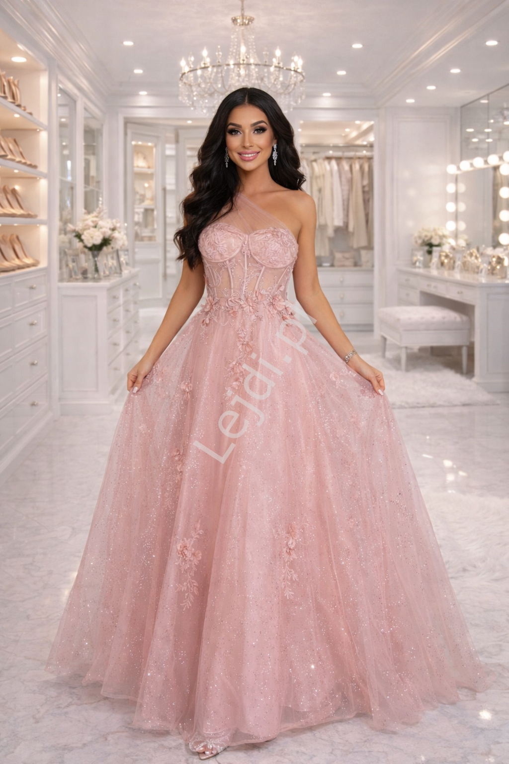 Sukienka na wesele, studniówkę bale Princess Dress sukienka tiulowa z kwiatkami, koralikami jasny róż