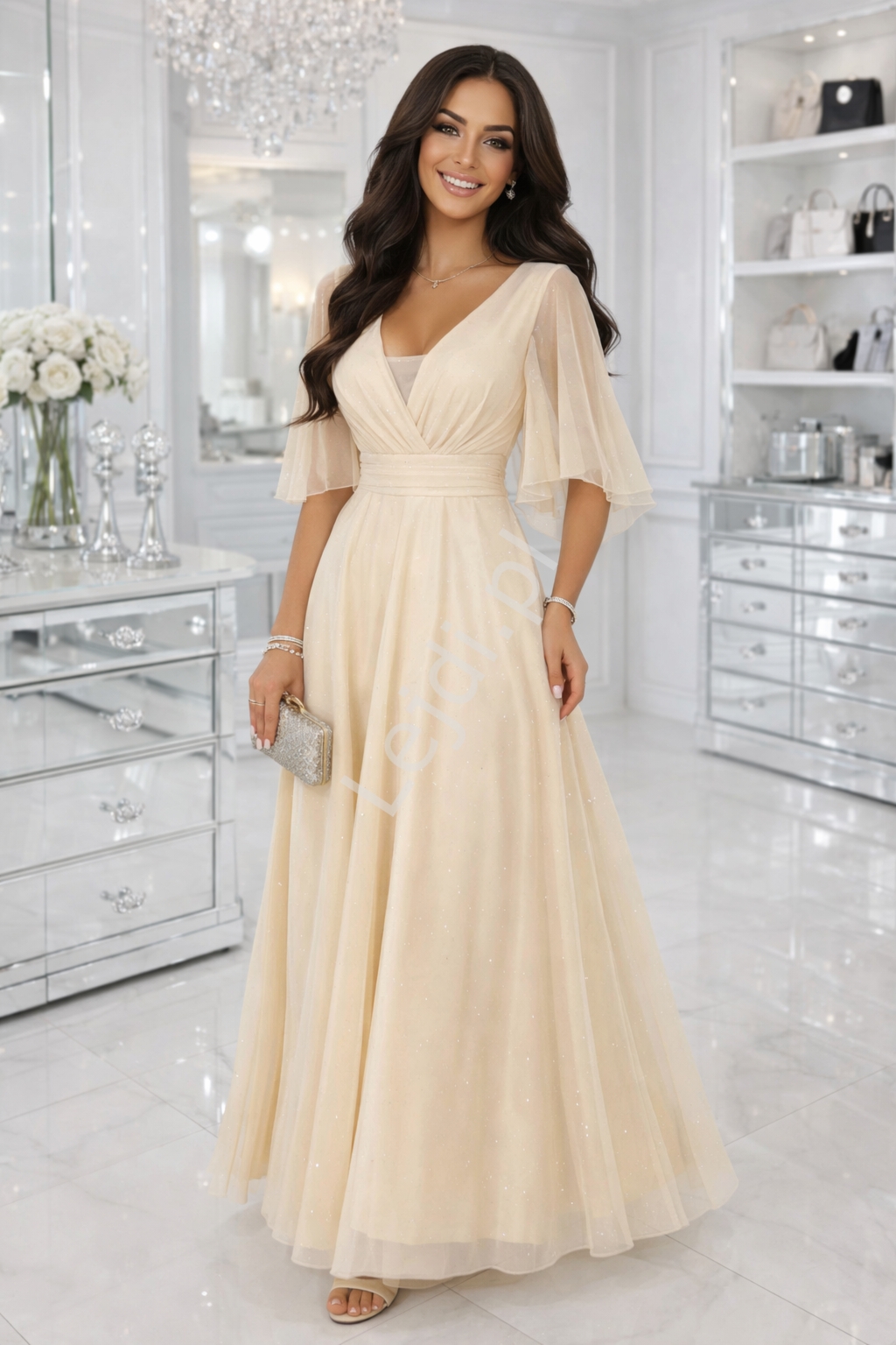 Sukienka wieczorowa z brokatem z r�kawem motylkiem, be� Plus Size 654