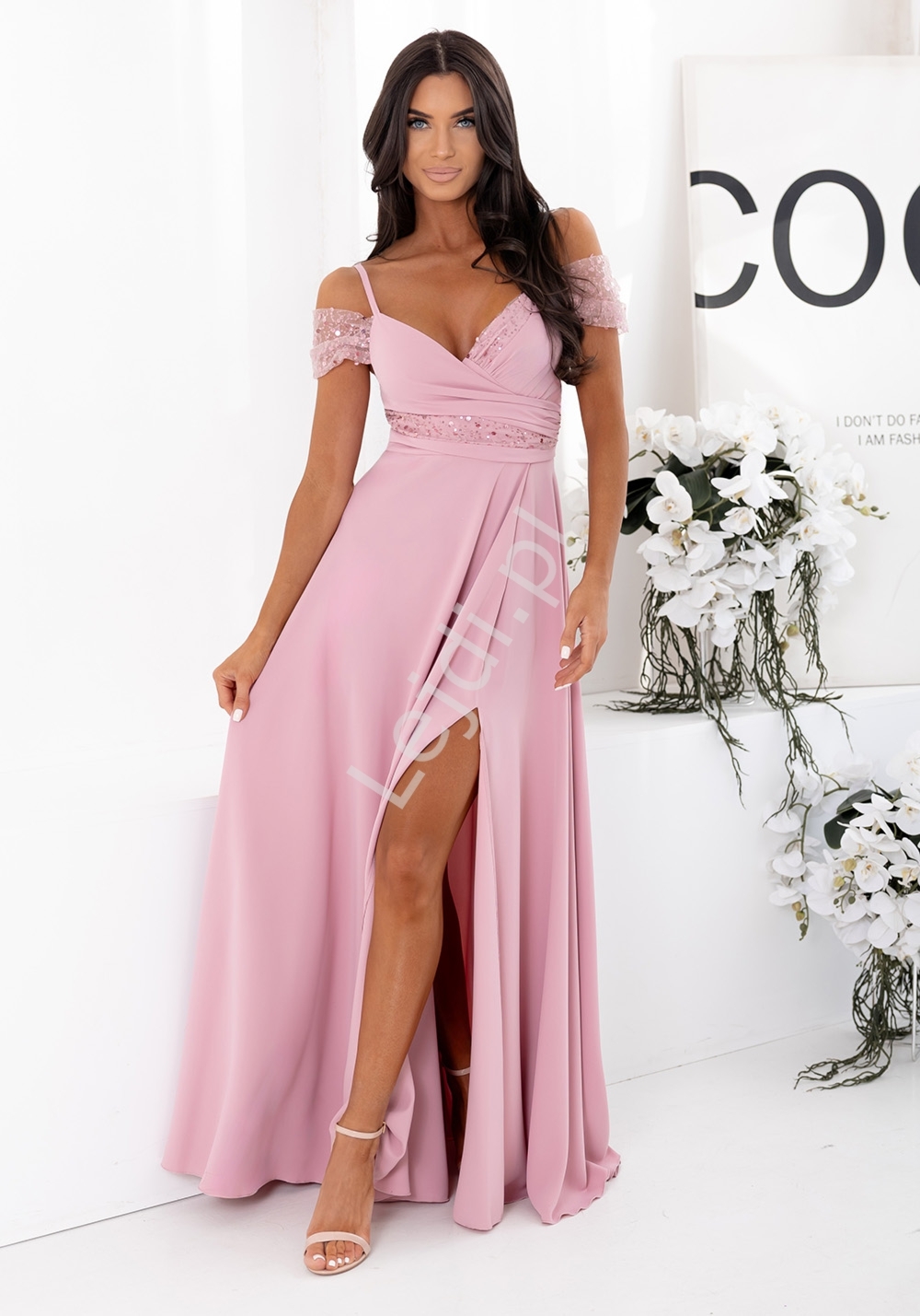 Sukienka na wesele , sylwestra 1117 Duet Walentina Cekin jasny róż