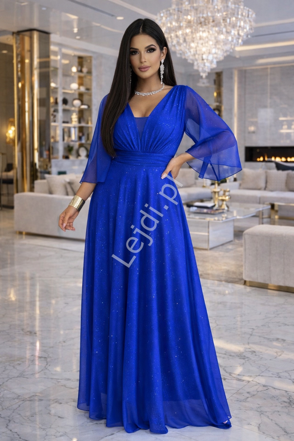 Sukienka wieczorowa z brokatem z r�kawem motylkiem, chaber 654