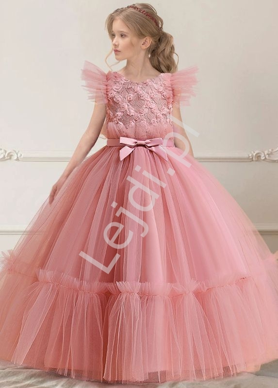 Image of Brudno różowa tiulowa długa sukienka dla dziewczynki 305