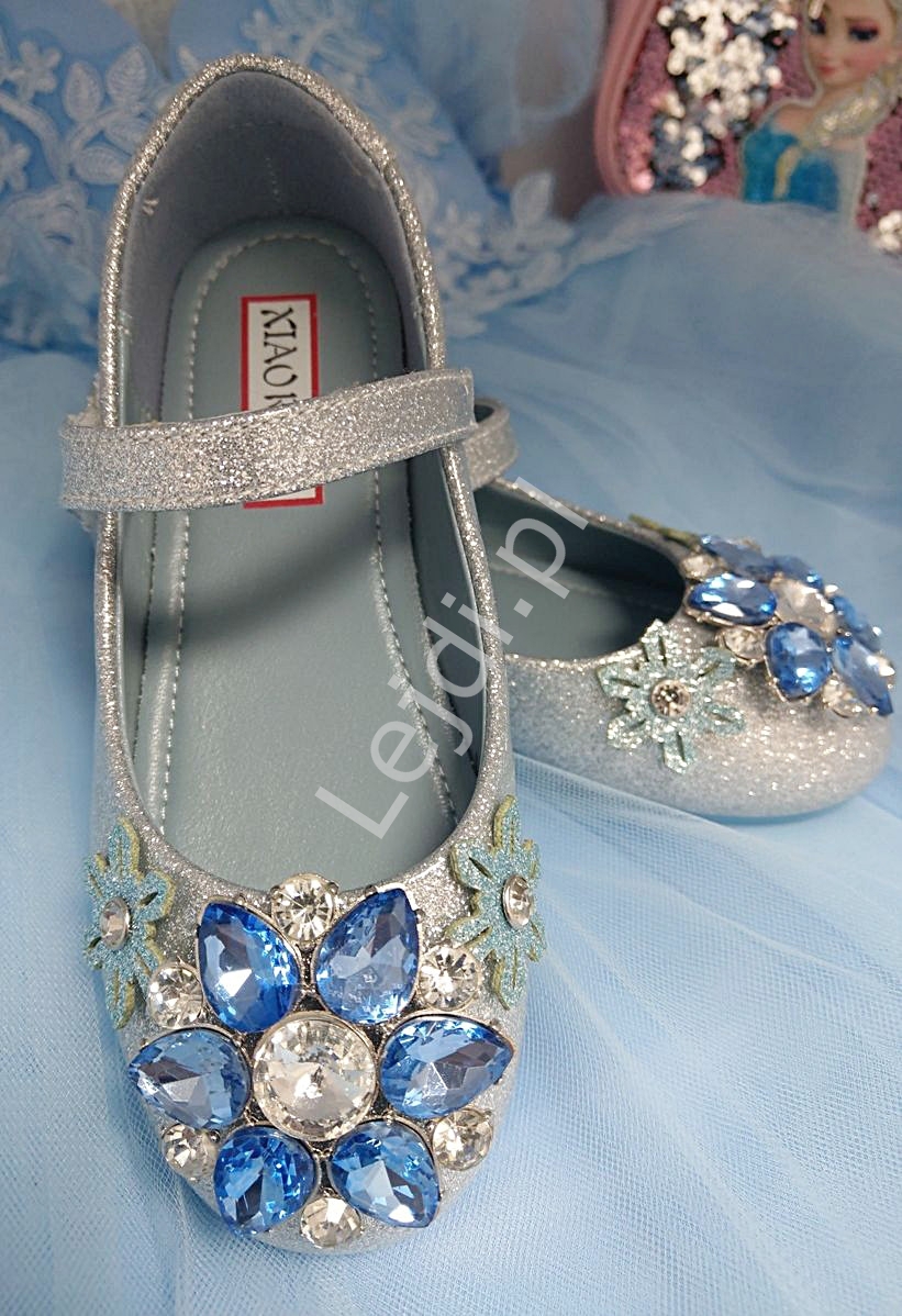 Image of Brokatowe srebrno niebieskie buty dla dziewczynki z kryształkami w stylu wow LK-3