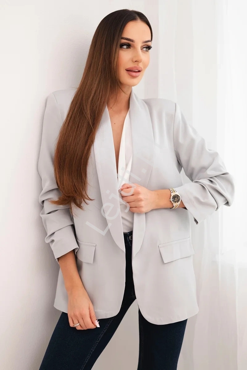 Szara marynarka damska z marszczonymi rękawami 9709