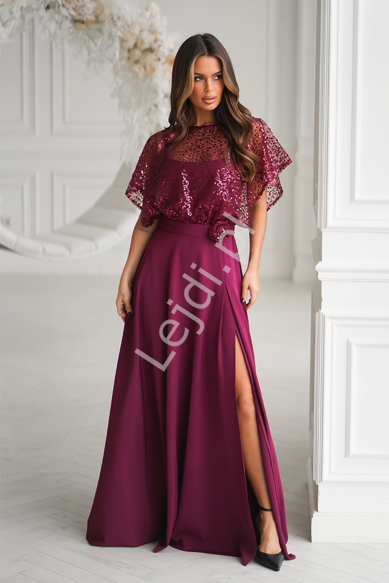 Bordowa wyszczuplaj�ca suknia + bolerko z cekinami i kwiatem w pasie 2w1 , sukienka wieczorowa r.34 - r.48 HB333