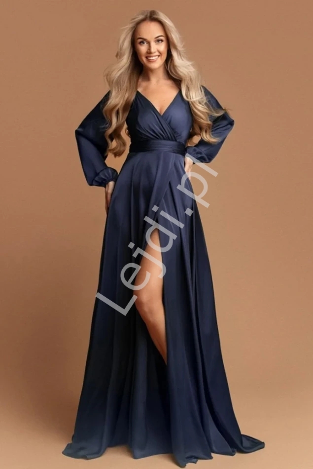 Francuska granatowa satynowa sukienka z dugim rkawem 1607