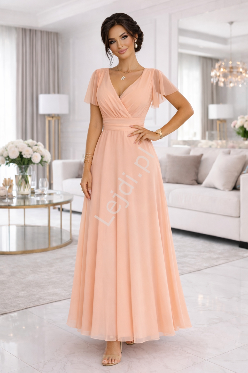 Sukienka kopertowa na wesele tiulowa brzoskwinia 562