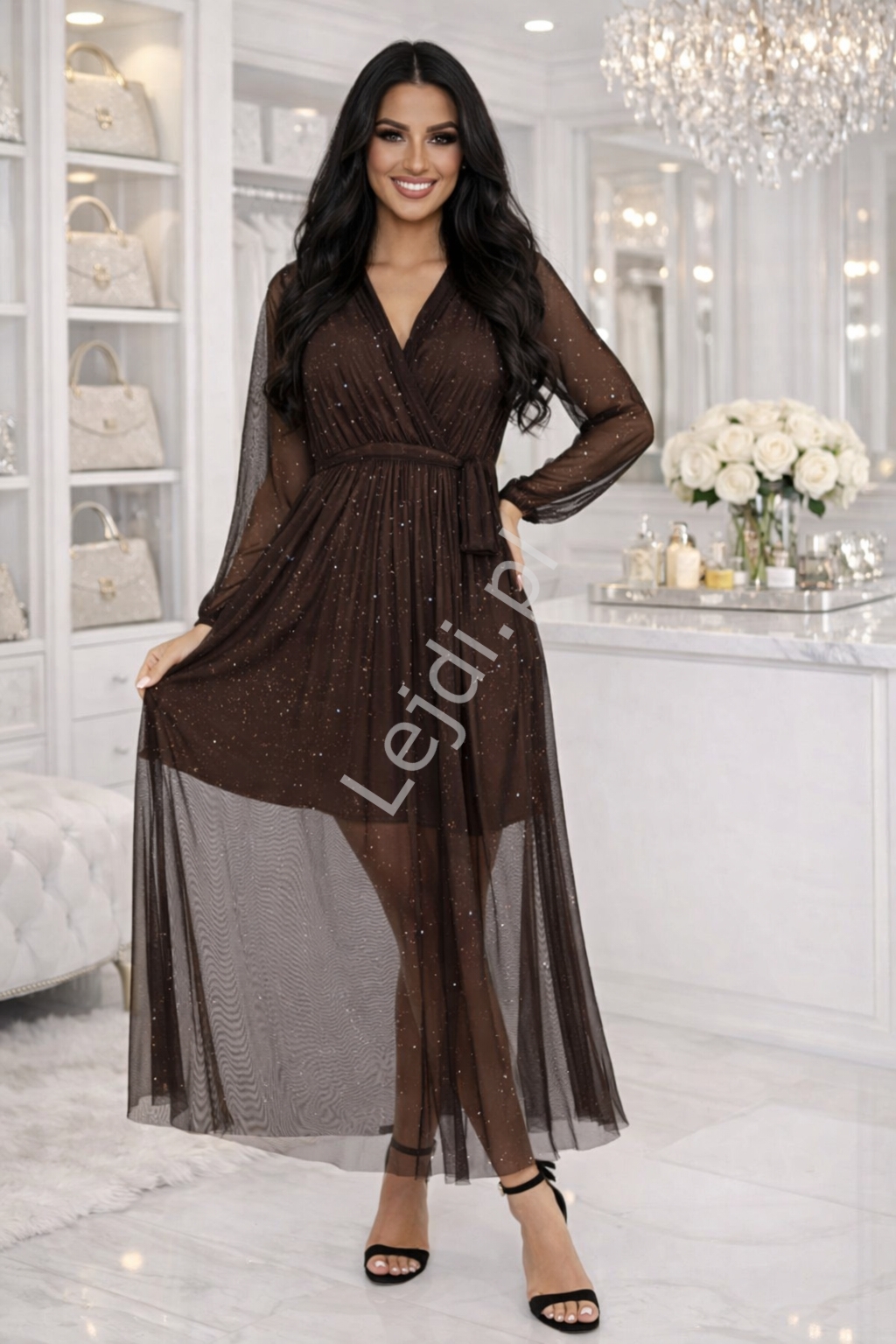 Br�zowa sukienka wieczorowa z elastycznej siateczki z mieni�cymi si� drobinkami Sparkle uniwersalna 38 - 46