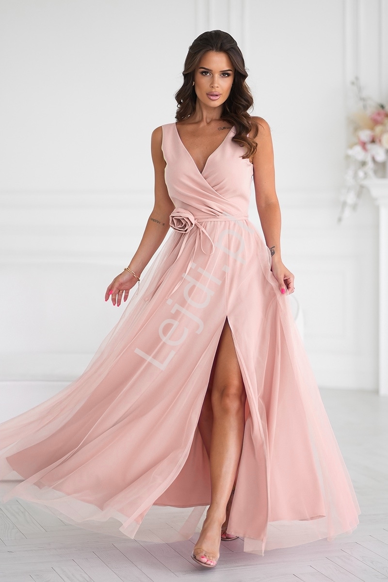 Morelowo różowa suknia na studniówkę, wesele, sylwestra z różą HB318 , r.34 - r.48 , Plus Size