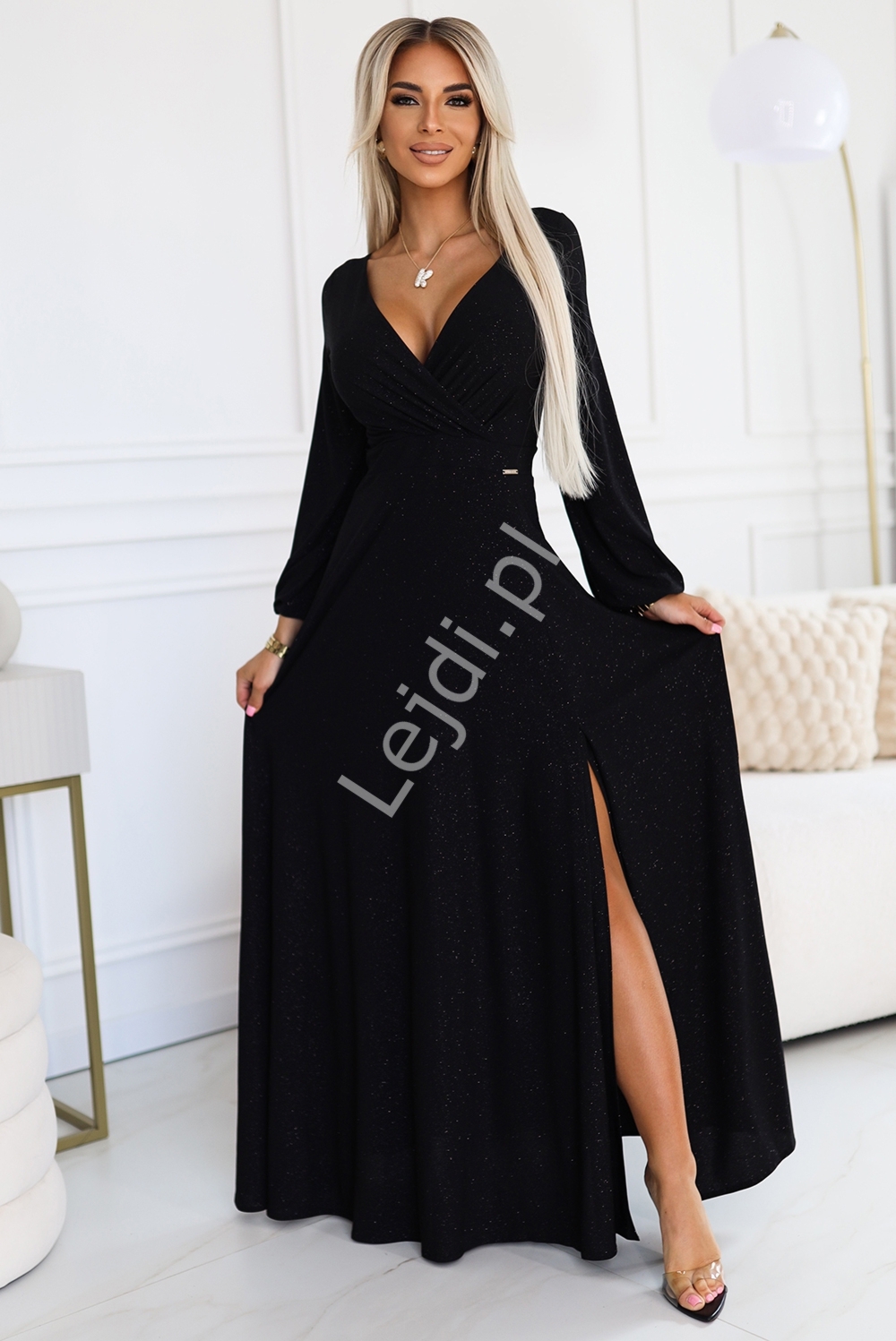 Połyskująca brokatowa sukienka z długim rękawem  na studniówkę, karnawał, sylwestra, weselem 572-2 Nela