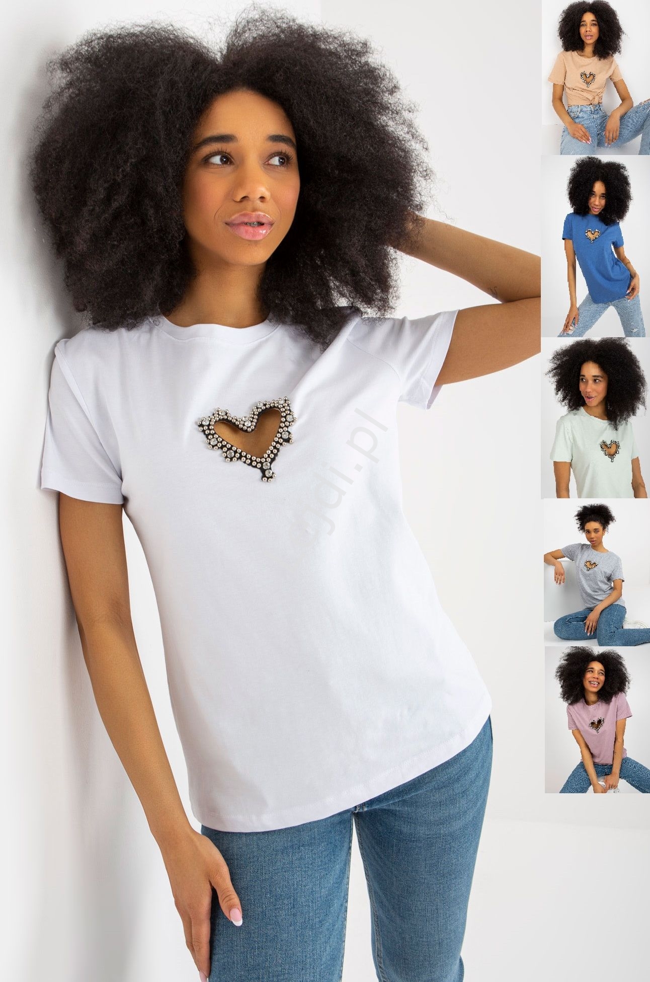 Image of Bawełniana koszulka z wyciętym sercem ozdobionym kryształkami, modny t- shirt z sercem 8470