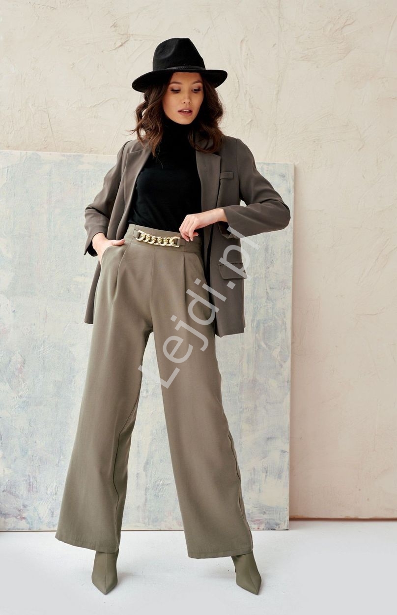 Image of Modne spodnie damskie z wysoką talią, eleganckie spodnie z szerokimi nogawkami w kolorze khaki 0011