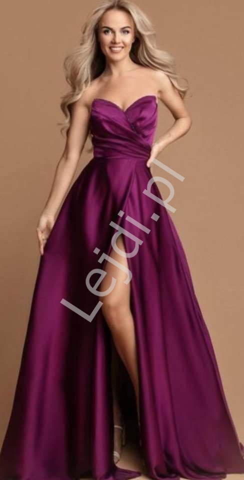 Francuska liwkowa sukienka wieczorowa z gorsetem i delikatnym koralikowym zdobieniem 2458