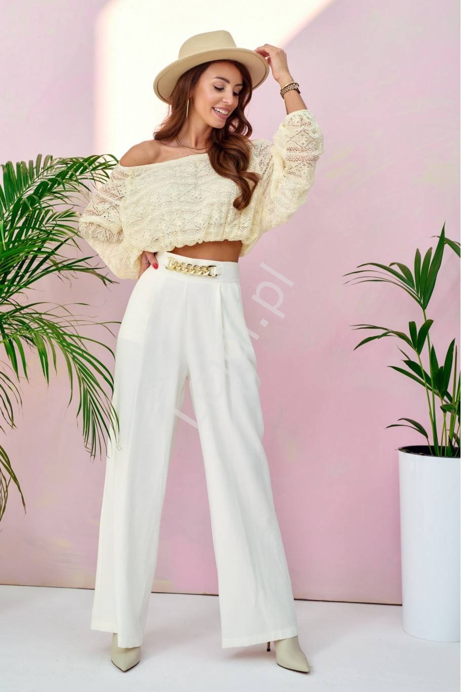 Image of Eleganckie spodnie damskie, białe spodnie z szerokimi nogawkami i wysokim stanem z łańcuchem 0011