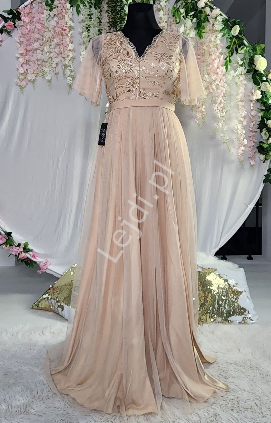 Beowa tiulowa sukienka wieczorowa Adel 4 z motylkowym rkwakiem ze zotymi cekinami