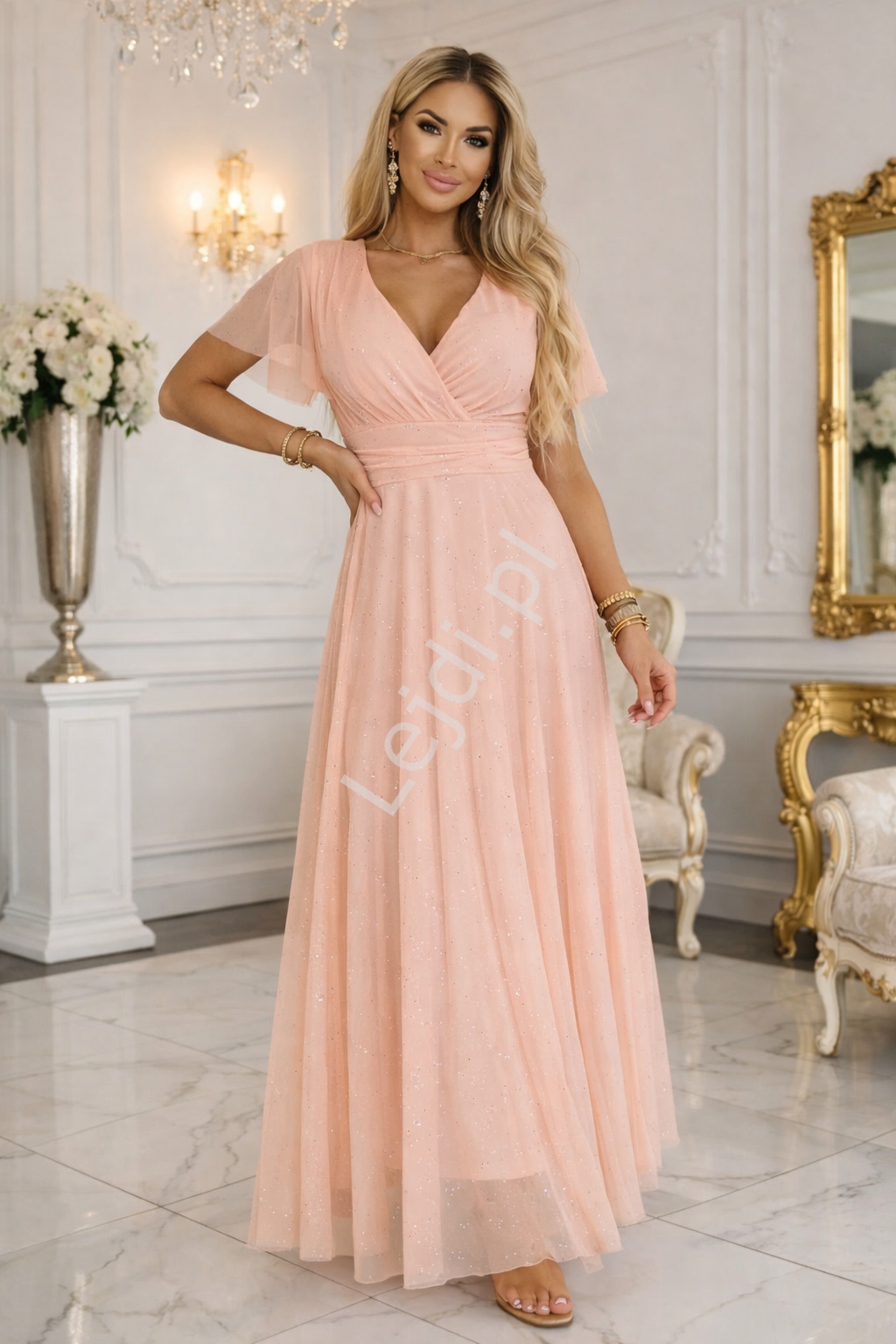 Brzoskwiniowa sukienka na studni�wk�, wesele, sylwestra z brokatem , wieczorowa Melani