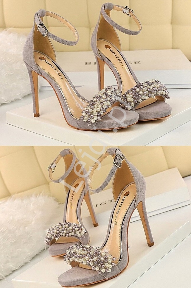 Szare szpilki na wysokim obcasie z sztucznymi perełkami, sandały na wysokim obcasie 4817
