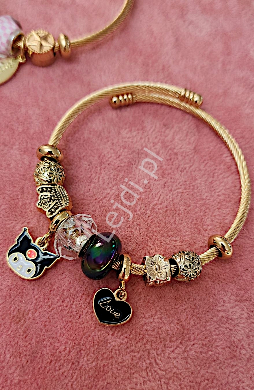 Bransoletka modułowa z charmsami Kuromi z sercem Love dla dziewczynki, prezent na Święta, prezent na Dzień dziecka urodziny