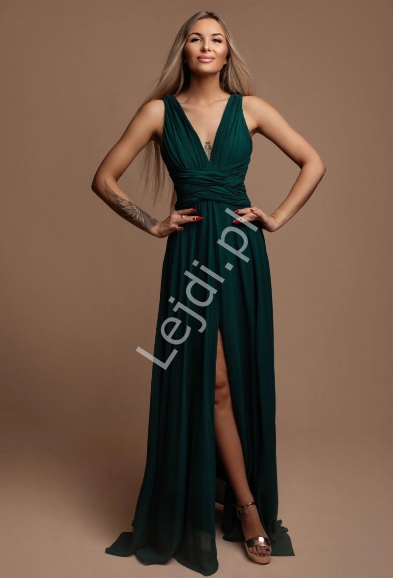 Elegancka Francuska zielona kopertowa sukienka z szyfonu z przeplatanym pasem 1508