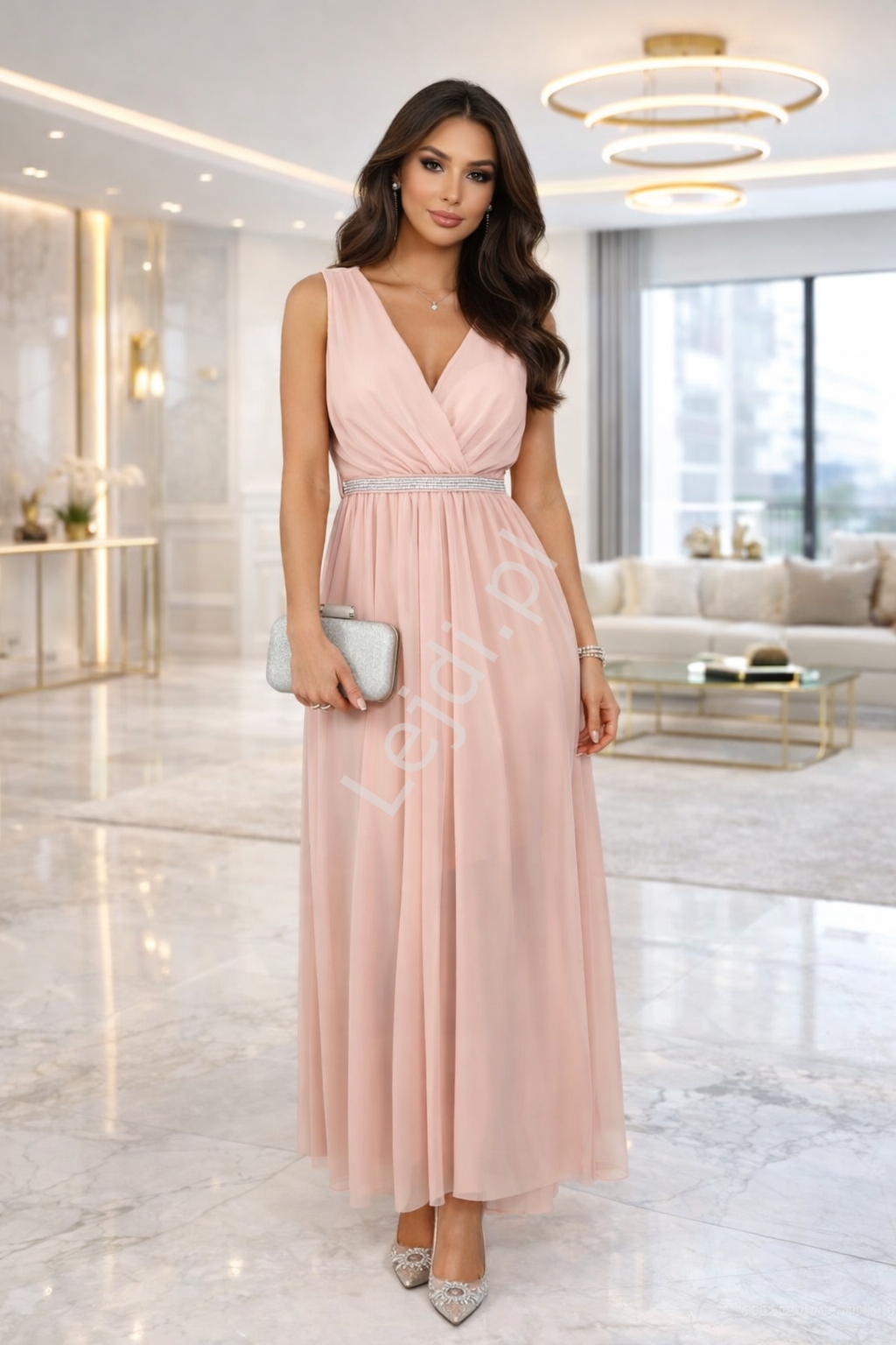 Sukienka damska brzoskwiniowo różowa na wesele z cyrkoniowym paskiem, sukienka, poprawiny, sylwestra z brokatem , wieczorowa 2087