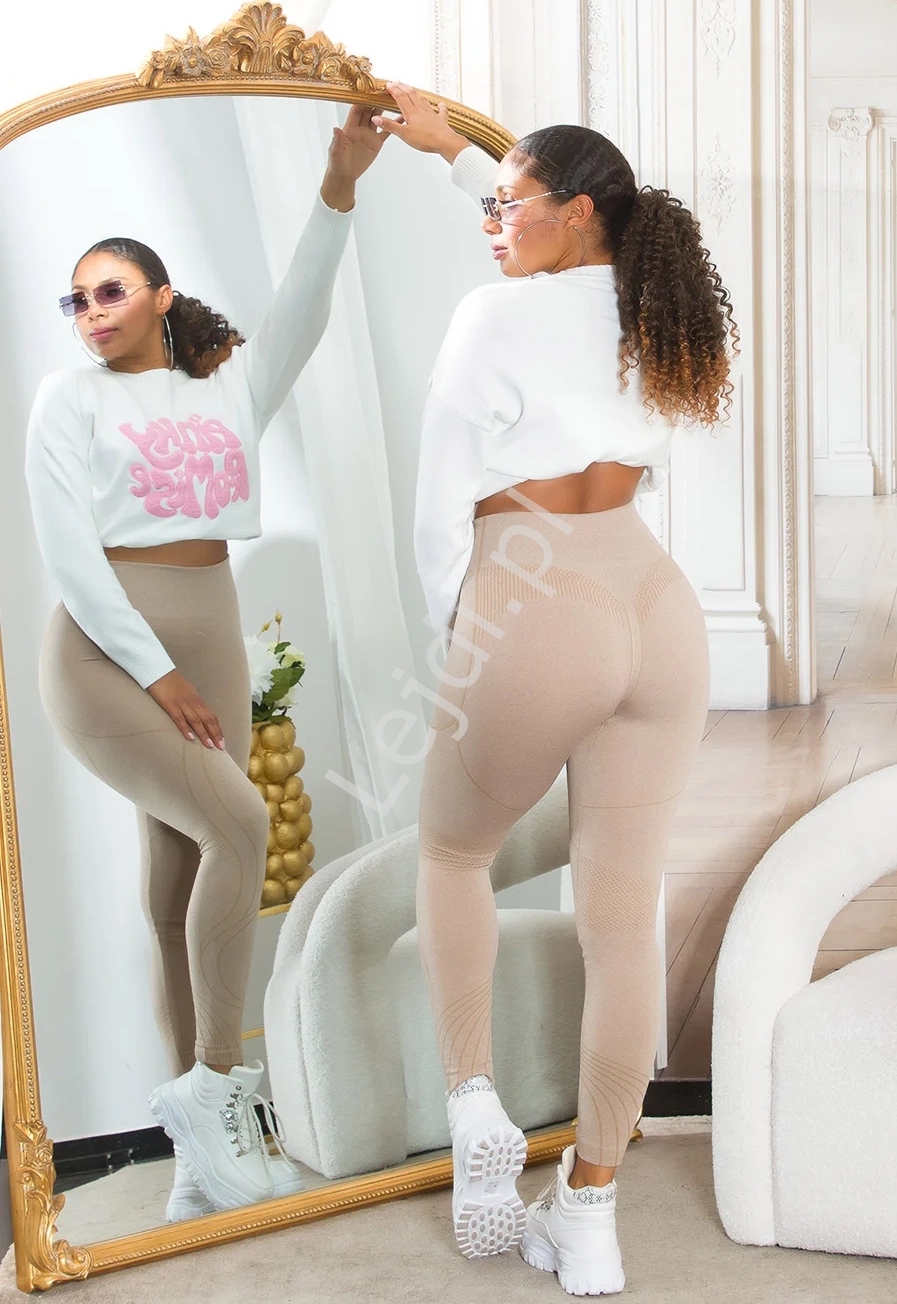 Legginsy modelujące, push up bezszwowe ciemny beż z lampasami 1367