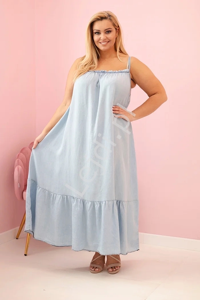 Jeansowa duga sukienka Plus Size na ramiczkach 21646