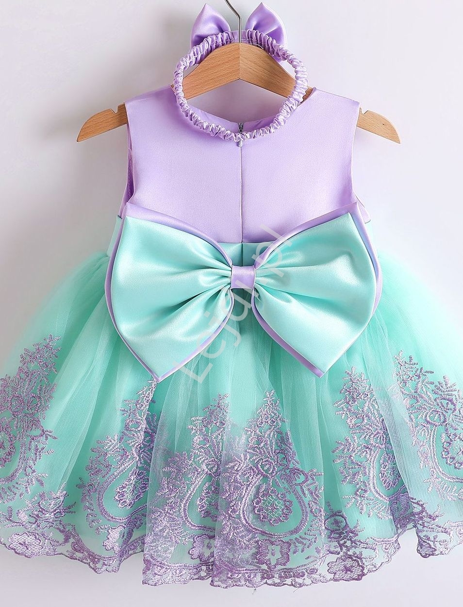 Image of Fioletowo miętowa sukienka dla dziewczynki z opaską w komplecie, elegancki komplet na roczek, na wesele 2022