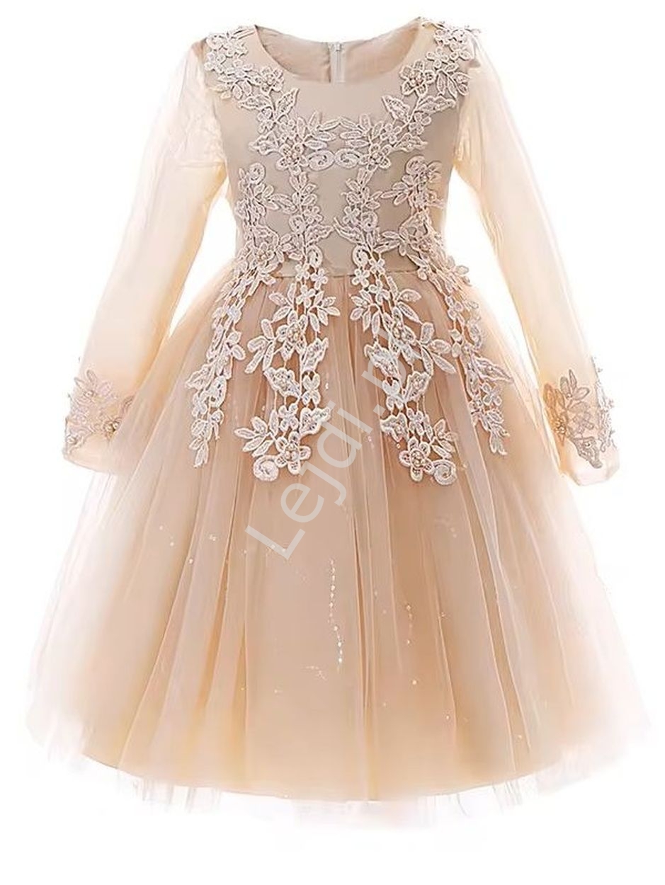 Image of Elegancka sukienka wieczorowa dla dziewczynki w kolorze szampana a683