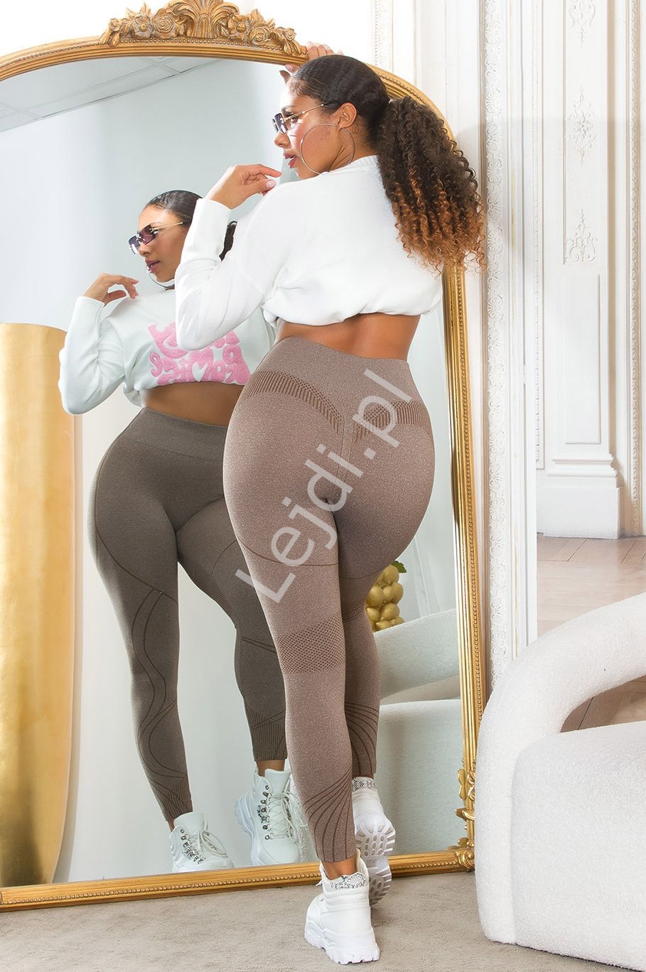 Legginsy modelujące push up bezszwowe mokka z lampasami 1367