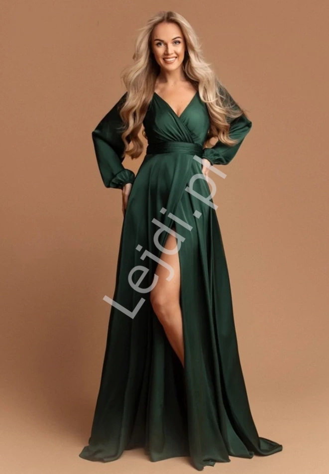 Francuska zielona satynowa sukienka z długim rękawem 1607