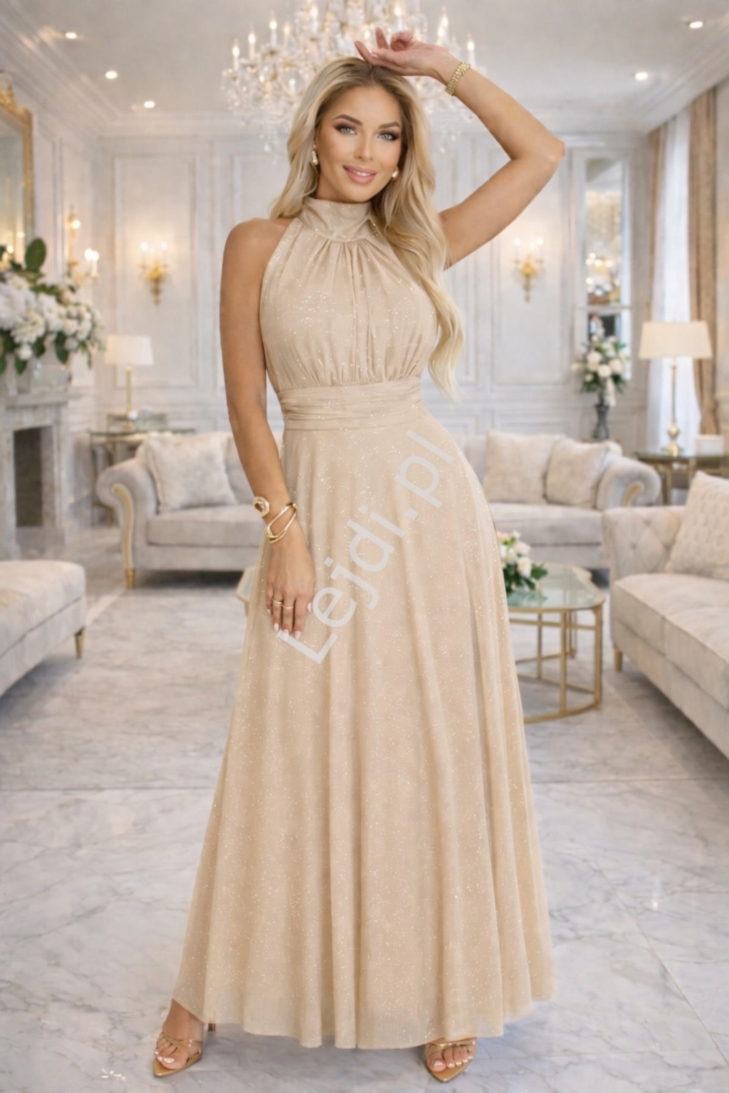 Be�owa sukienka halter tiulowa na wesele, imprezy, 18-stk�, poprawiny 636