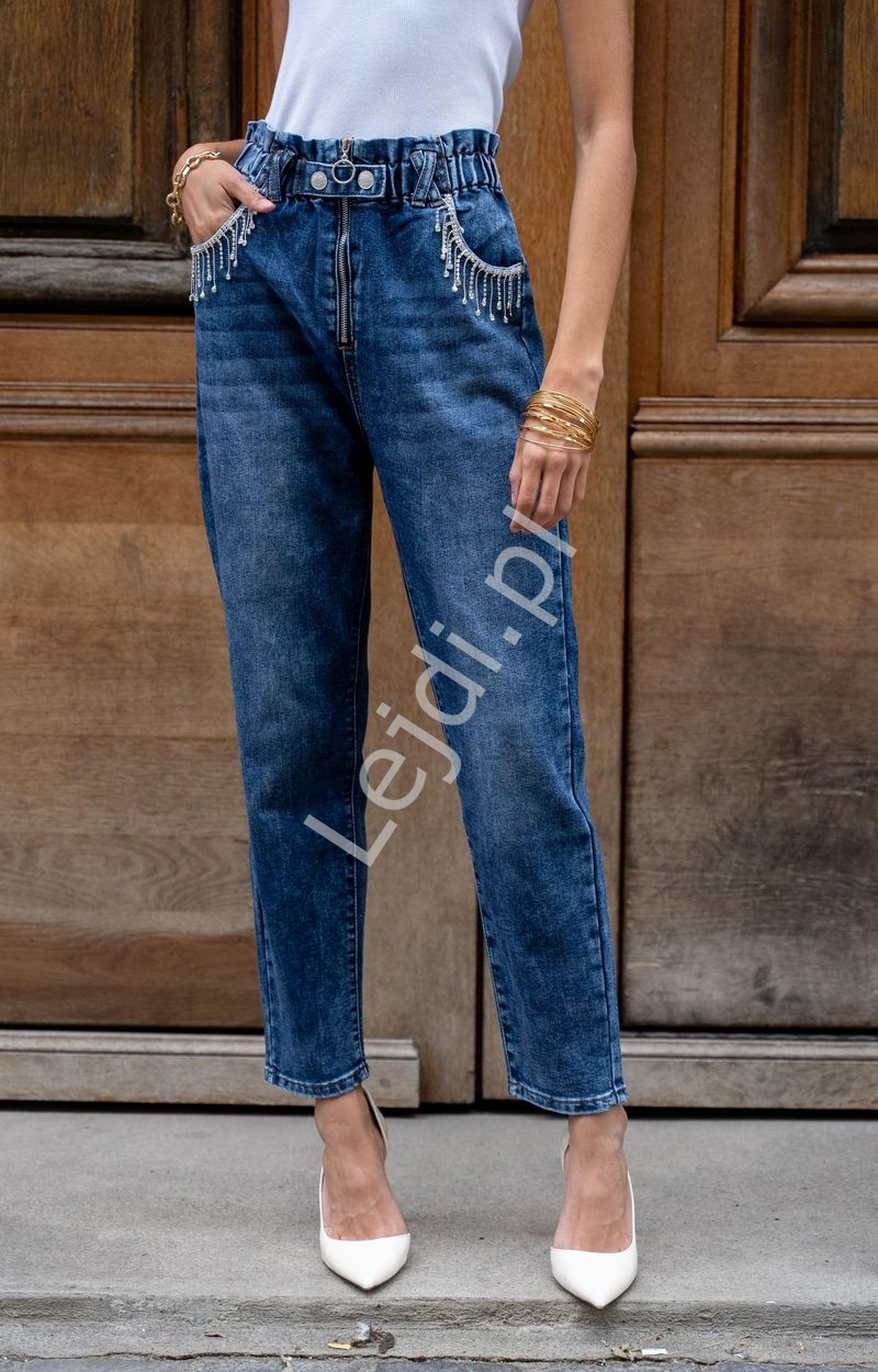 Image of Jeansowe spodnie damskie w stylu baggy, modne spodnie z kryształkami 3892