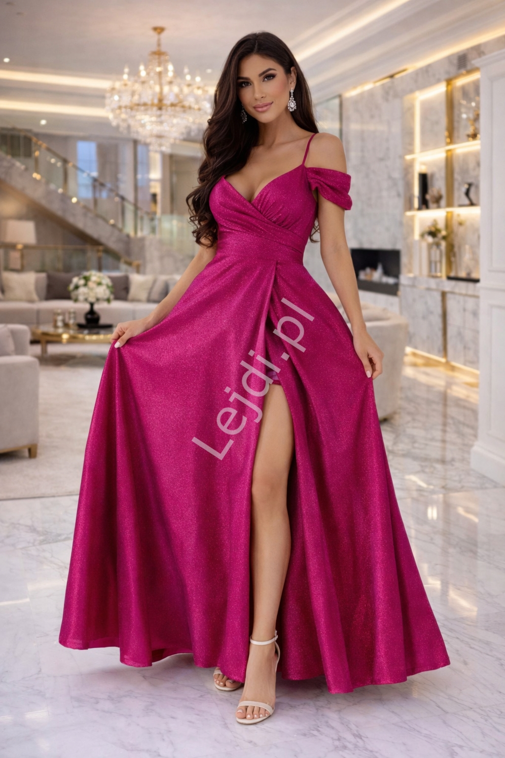 Sukienka na wesele z�ota b�yszcz�ca WALENTINA LUX fuksja 1117