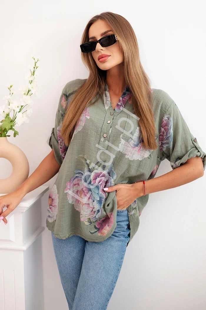Baweniana koszula damska w kwiaty khaki 12038