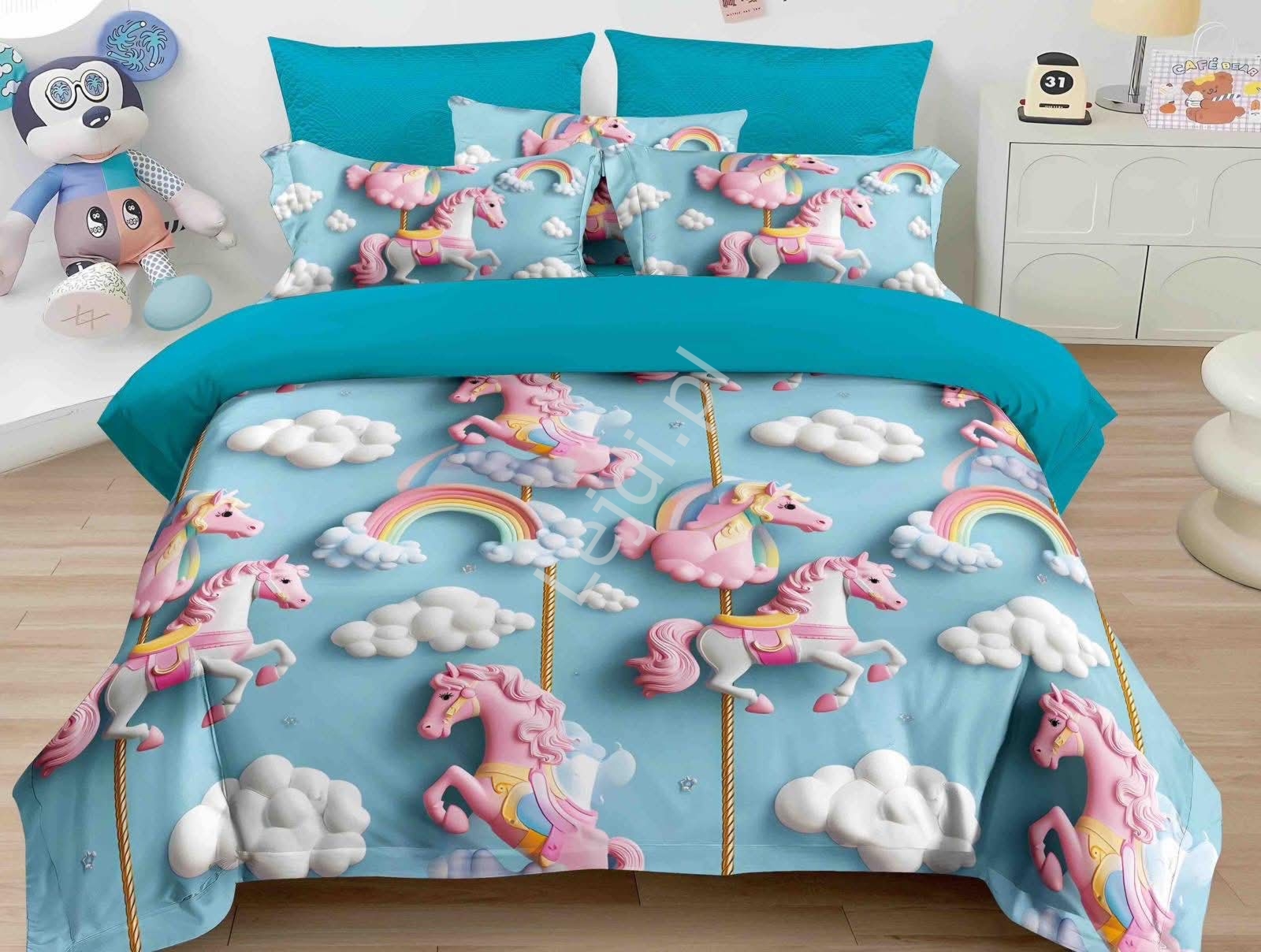 Bajkowa pociel dziecica 5D karuzela z jednorocami 3 czciowy 160cm x 200cm + poszewka na poduszk 2x 70x80, Polski Producent