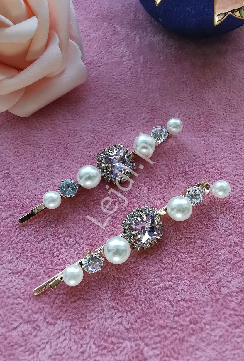 Image of Złota spinka wsuwka z jasnoróżowymi kryształkami i perełkami