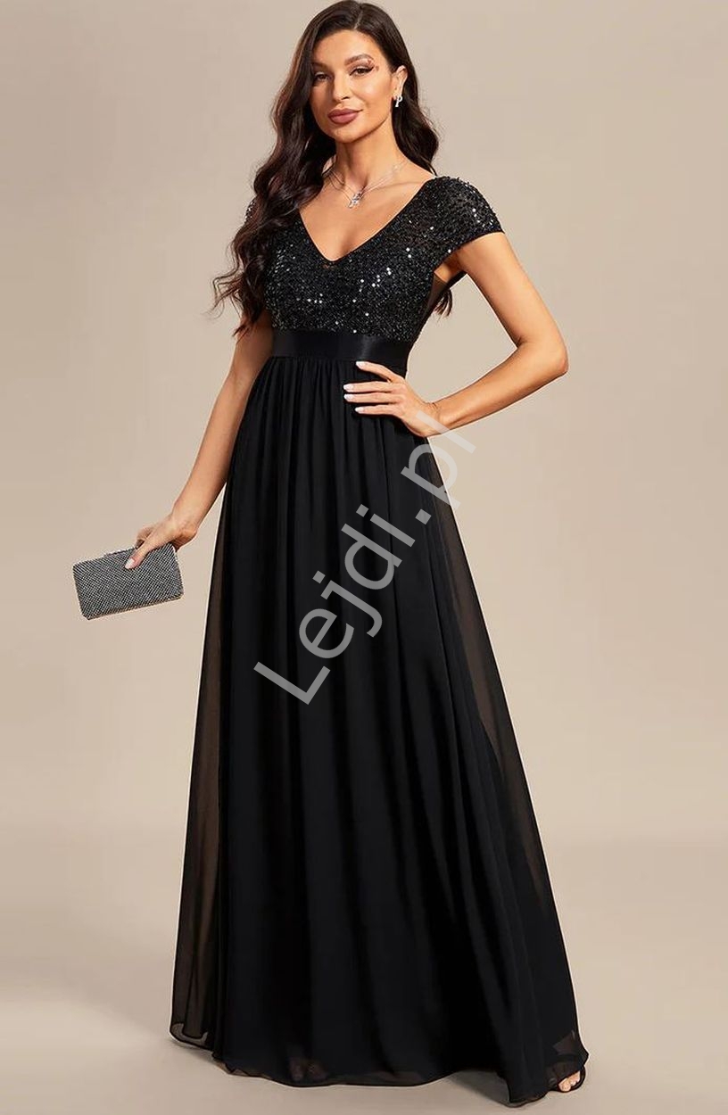 Image of Czarna sukienka wieczorowa z cekinową górą, modna sukienka na wesele, na studniówkę 0150
