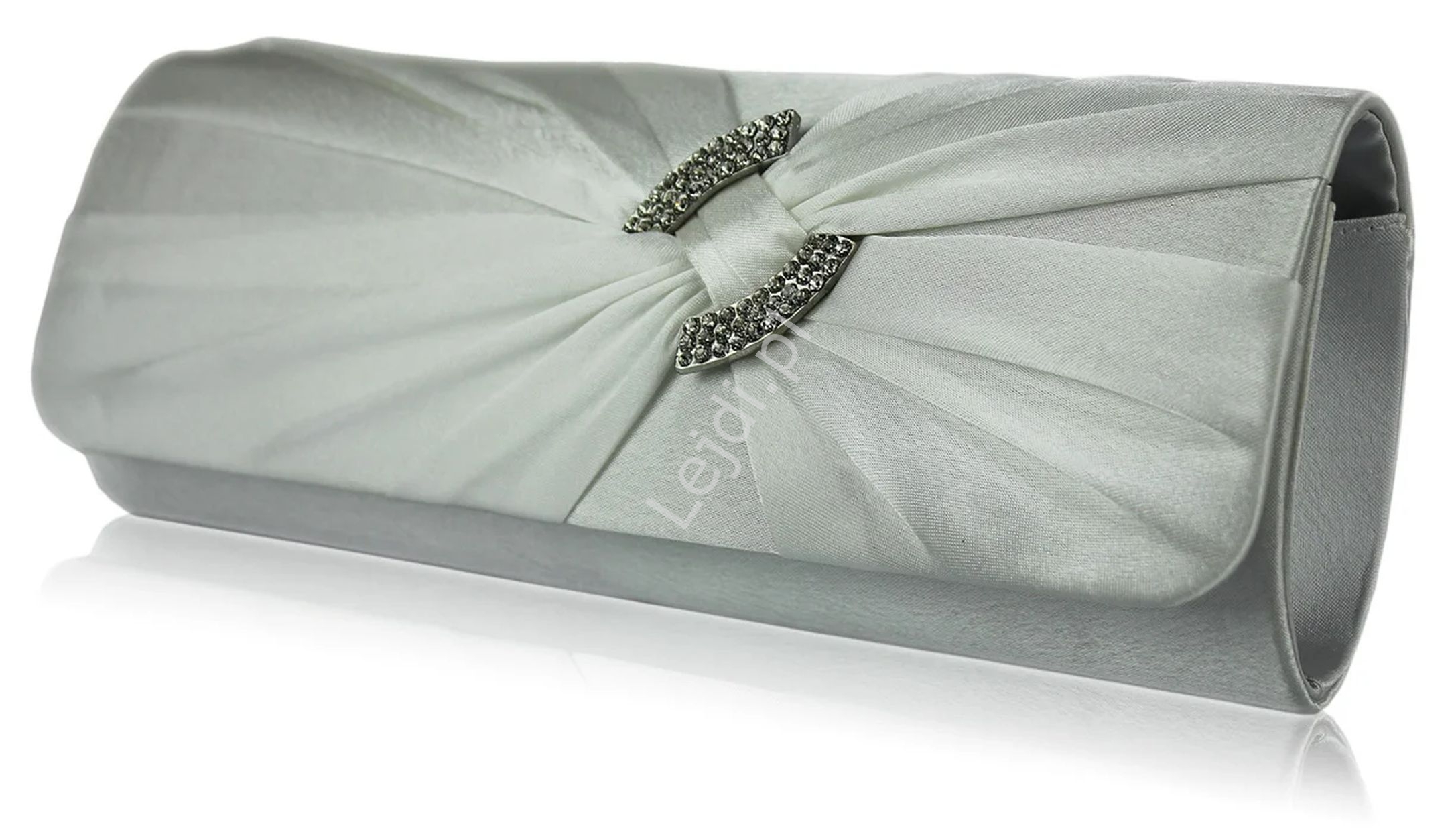 Image of Satynowa torebka ślubna z kokardą i broszką w kolorze ivory, wieczorowa torebka z kryształkami 0175