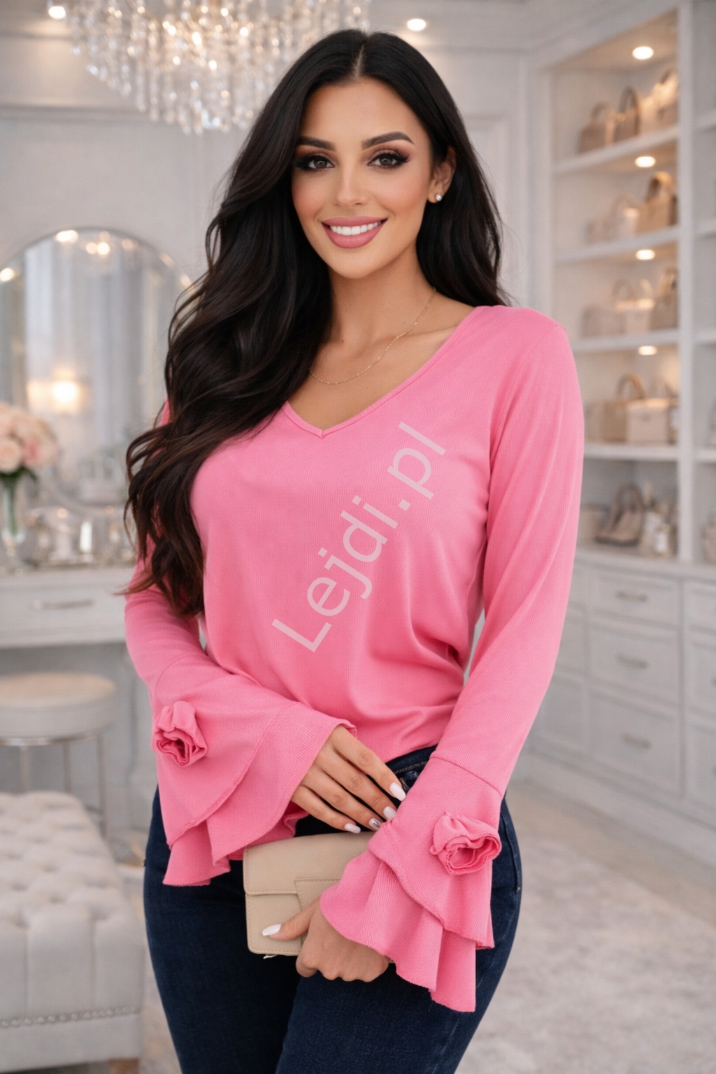 Bluzka damska różowa z szerokim rękawem z kwiatem 0395