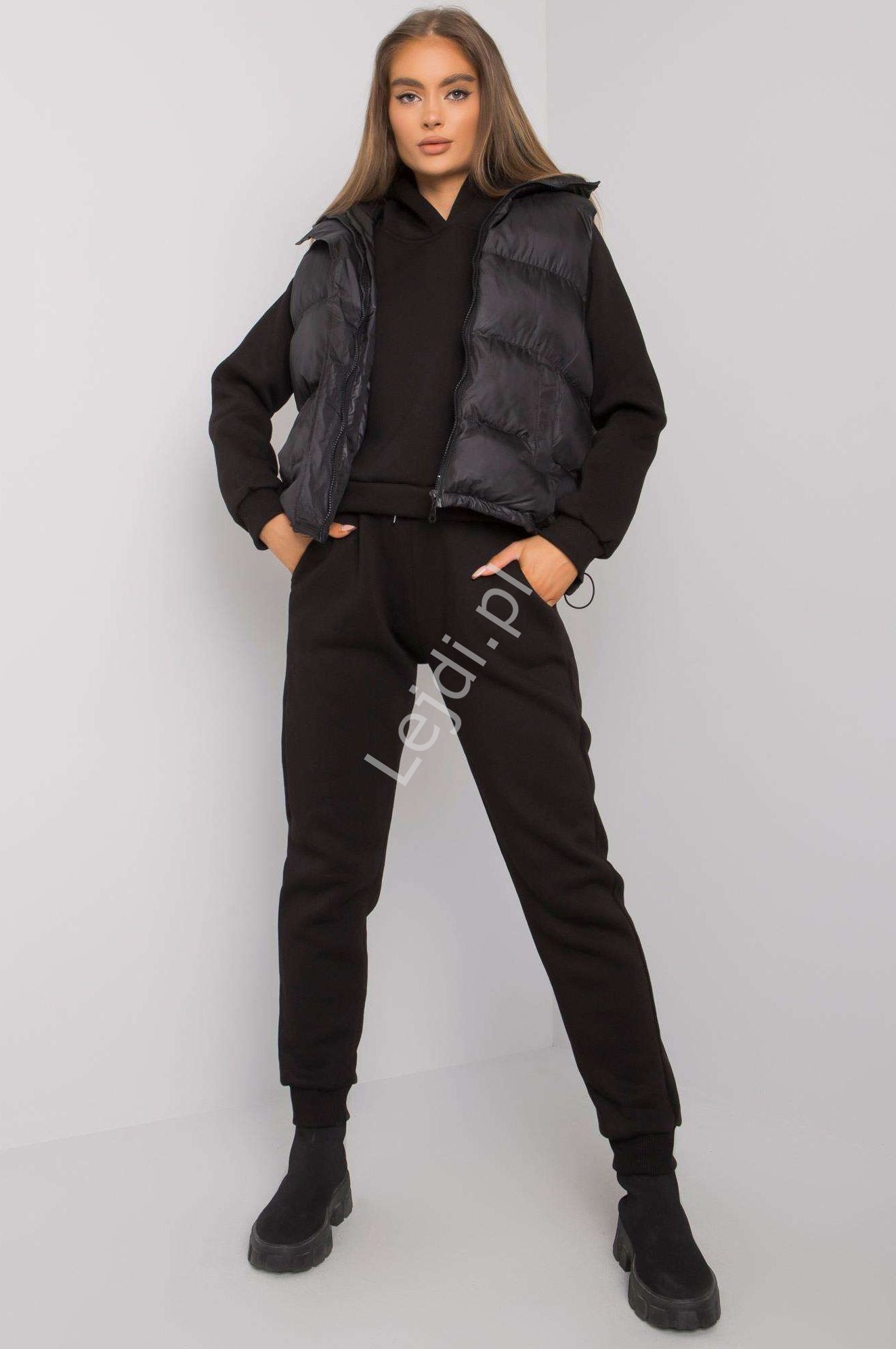 Image of 3 częściowy komplet damski czarna kamizelka + bluza + spodnie Aysel
