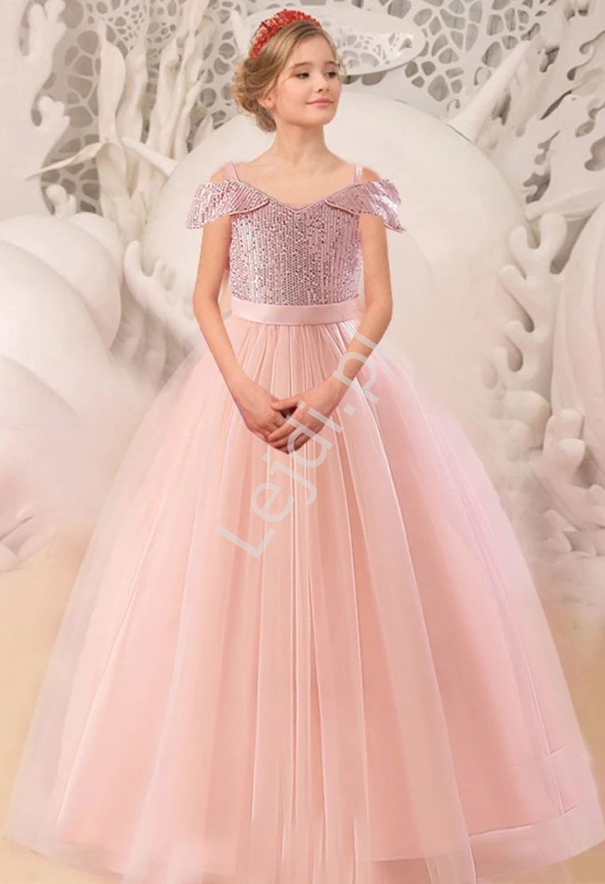 Image of Różowa sukienka wieczorowa z cekinową górą, długa sukienka dla dziewczynki na wesele 0002