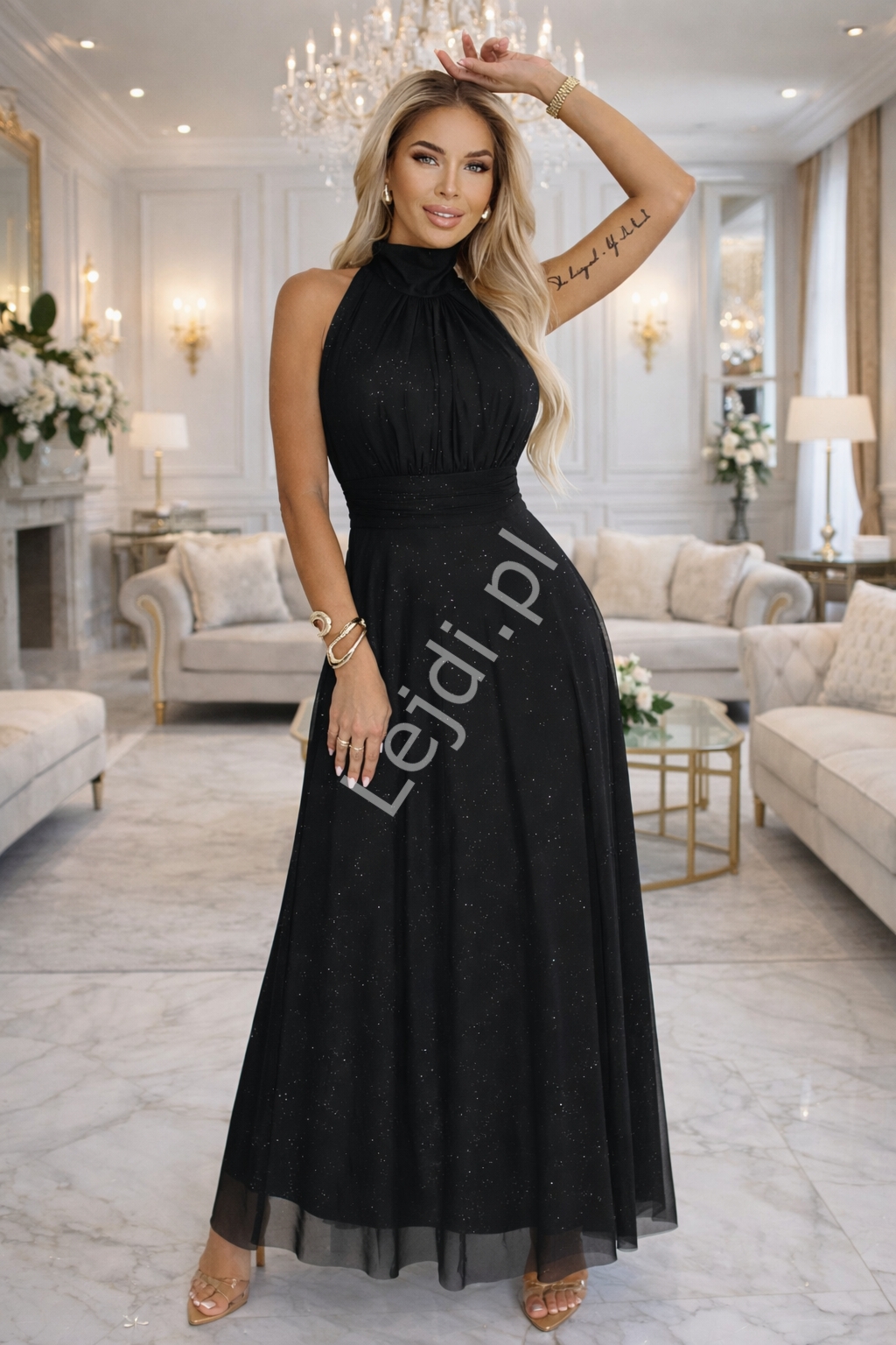 Sukienka halter czarna z brokatem tiulowa na wesele, imprezy, 18-stkę, poprawiny niebieska z brokatem 636