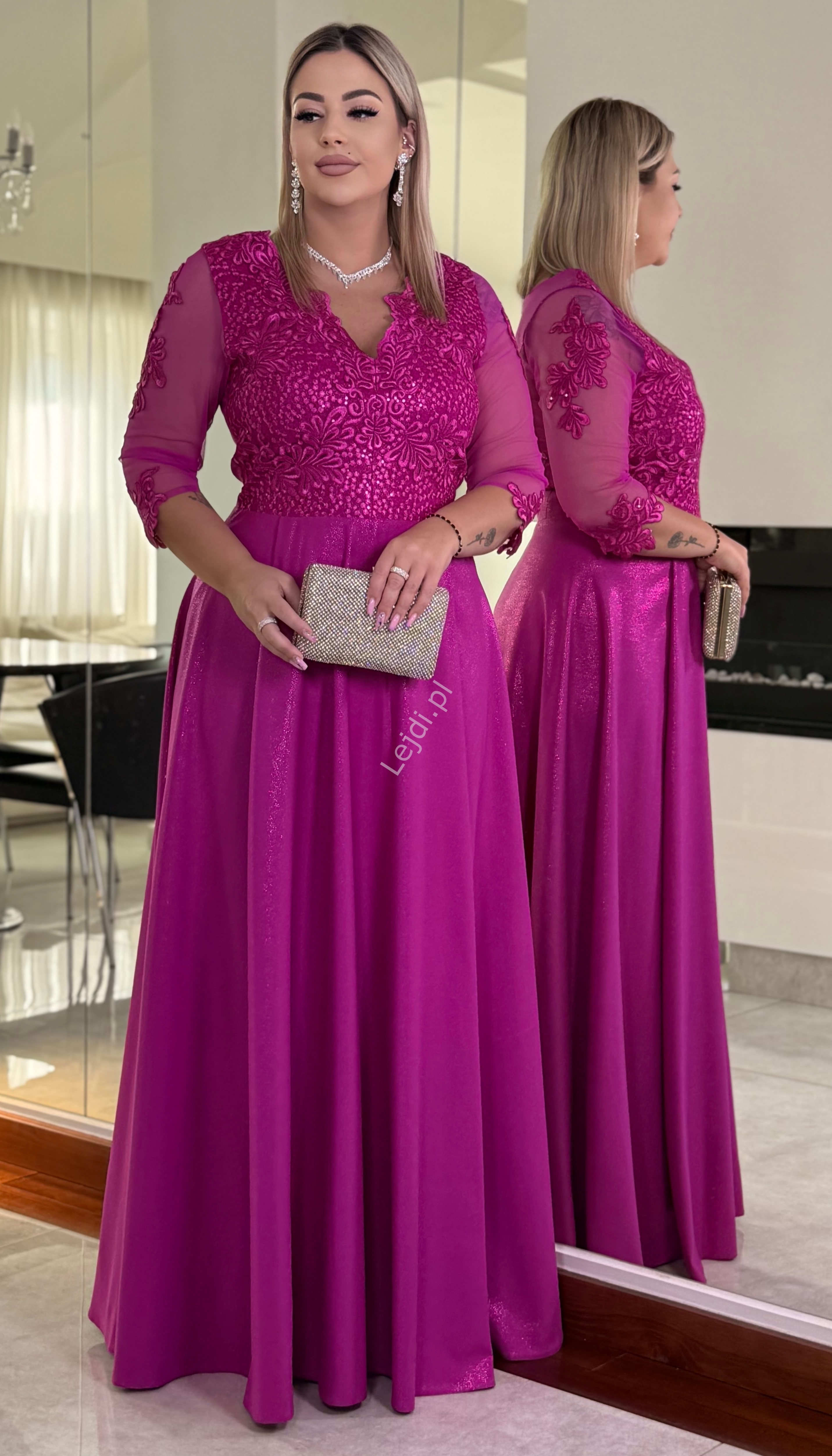 Fuksjowa brokatowa sukienka wieczorowa o wyszczuplaj�cym kroju, Carmen 3/4