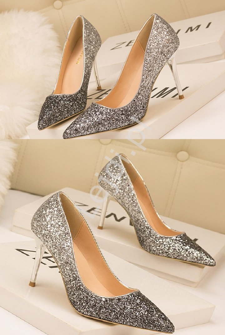 Brokatowe srebrno grafitowe szpilki ombre 7990