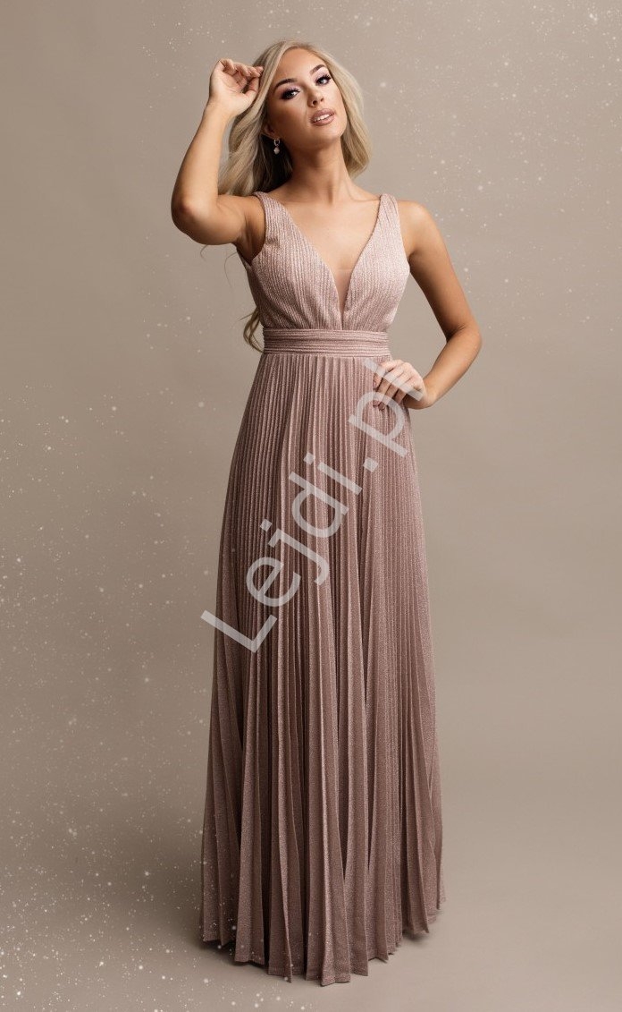 Image of Brokatowa zmysłowa sukienka wieczorowa w różowym kolorze, plisowana sukienka na wesele 2251