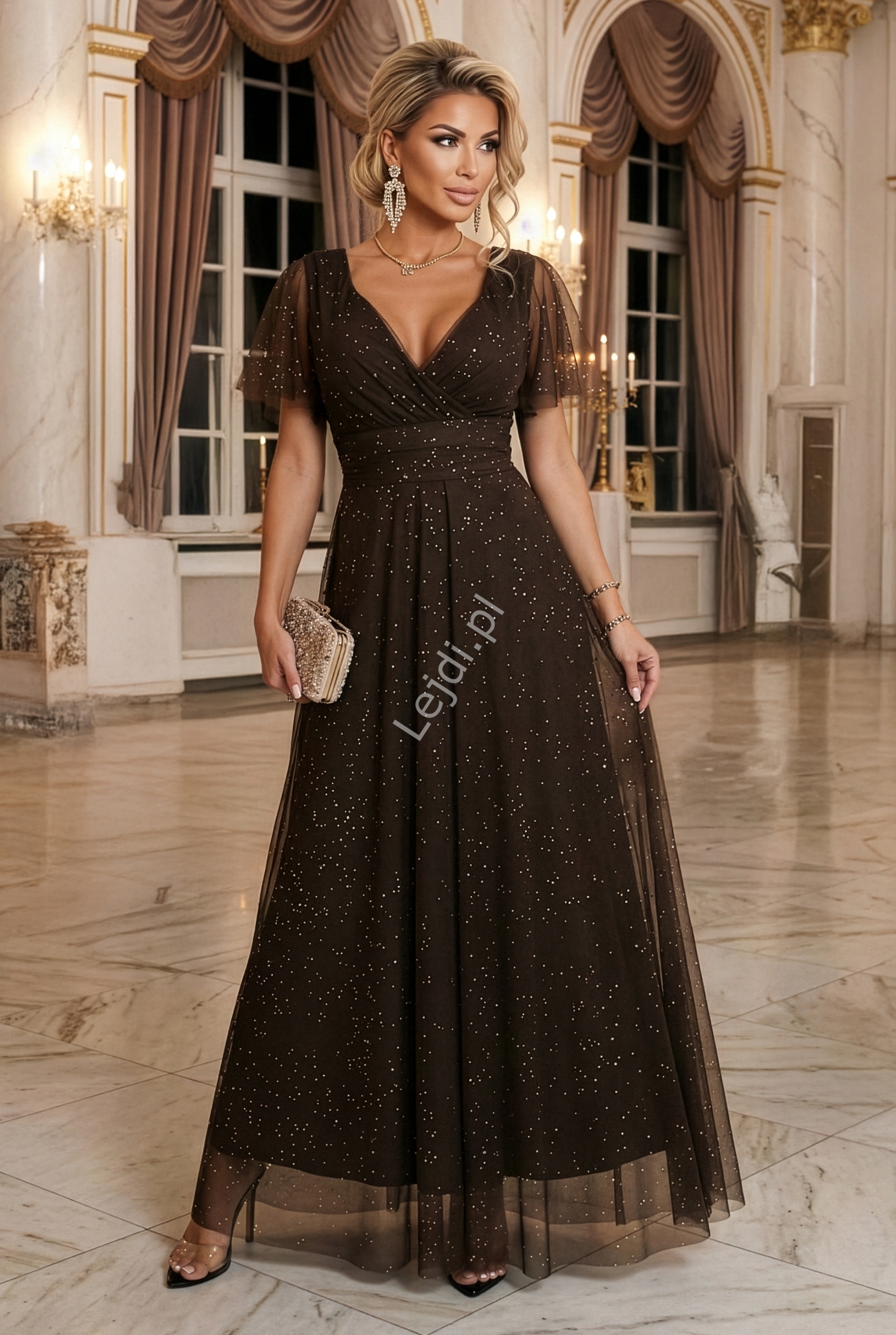 Brązowa sukienka wieczorowa z brokatem na studniówkę, wesele, sylwestra 635-4 MELANIA