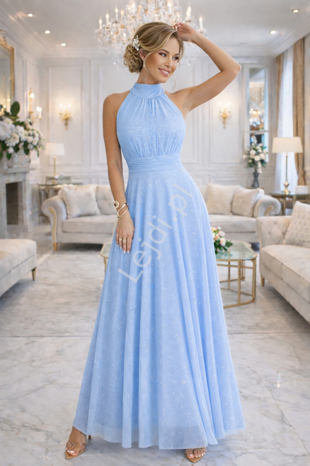 Sukienka halter tiulowa na wesele, imprezy, 18-stkę, poprawiny niebieska z brokatem   636