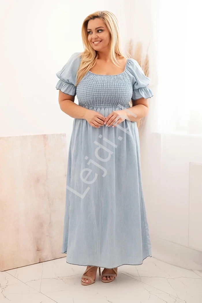 Jeansowa duga sukienka Plus Size z krtkim rkawkiem 20451