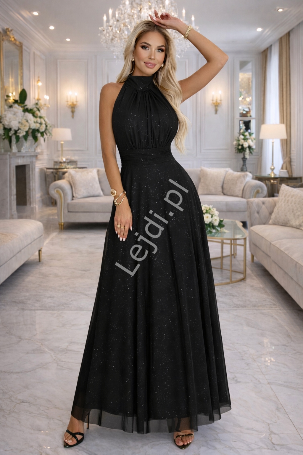 Sukienka halter czarna z brokatem tiulowa na wesele, imprezy, 18-stk�, poprawiny z brokatem 636