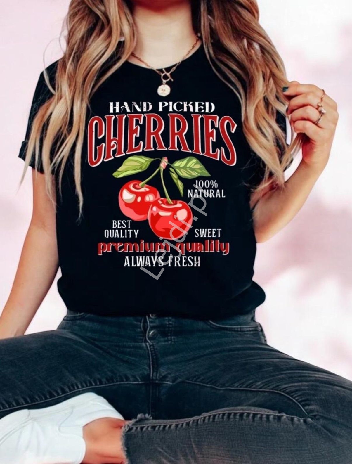 Czarna koszulka damska nadruk czerwone wisienki Cherry 100% bawełna