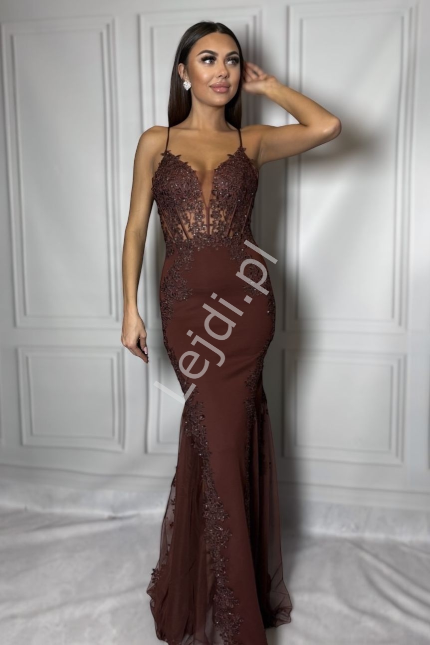 Czekoladowa sukienka z gipiur - zmysowa suknia wieczorowa Lejdi.pl